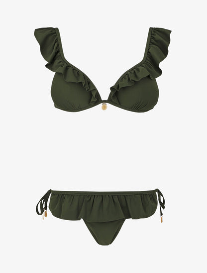 Bikini volanté à détail bijoux ananas - Kaki - 1
