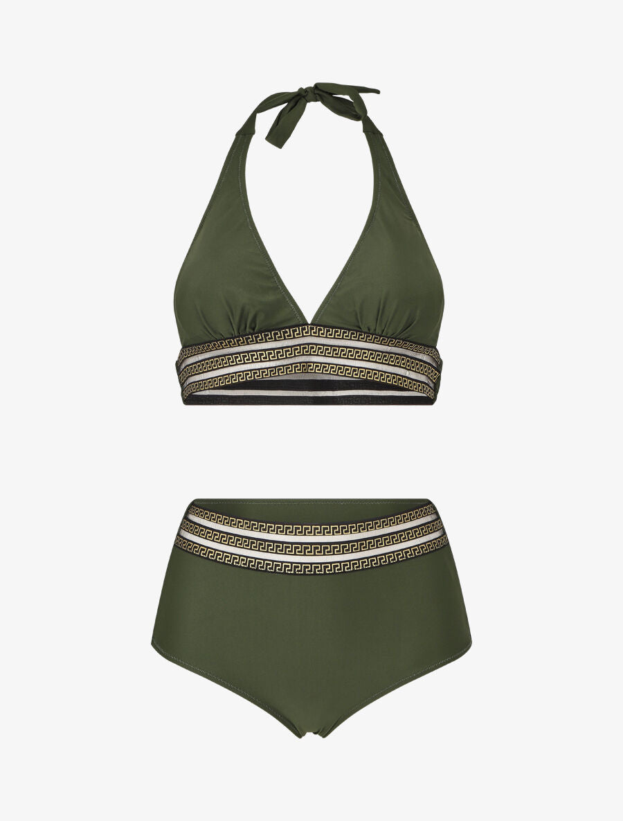 Bikini taille haute à motifs grecque - Kaki - 4