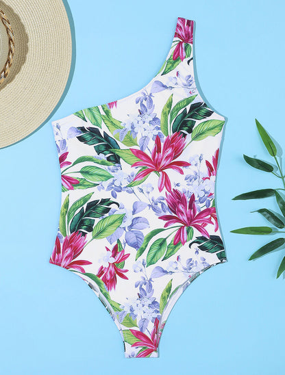 Maillot de bain fleuri one shoulder - Blanc - 1