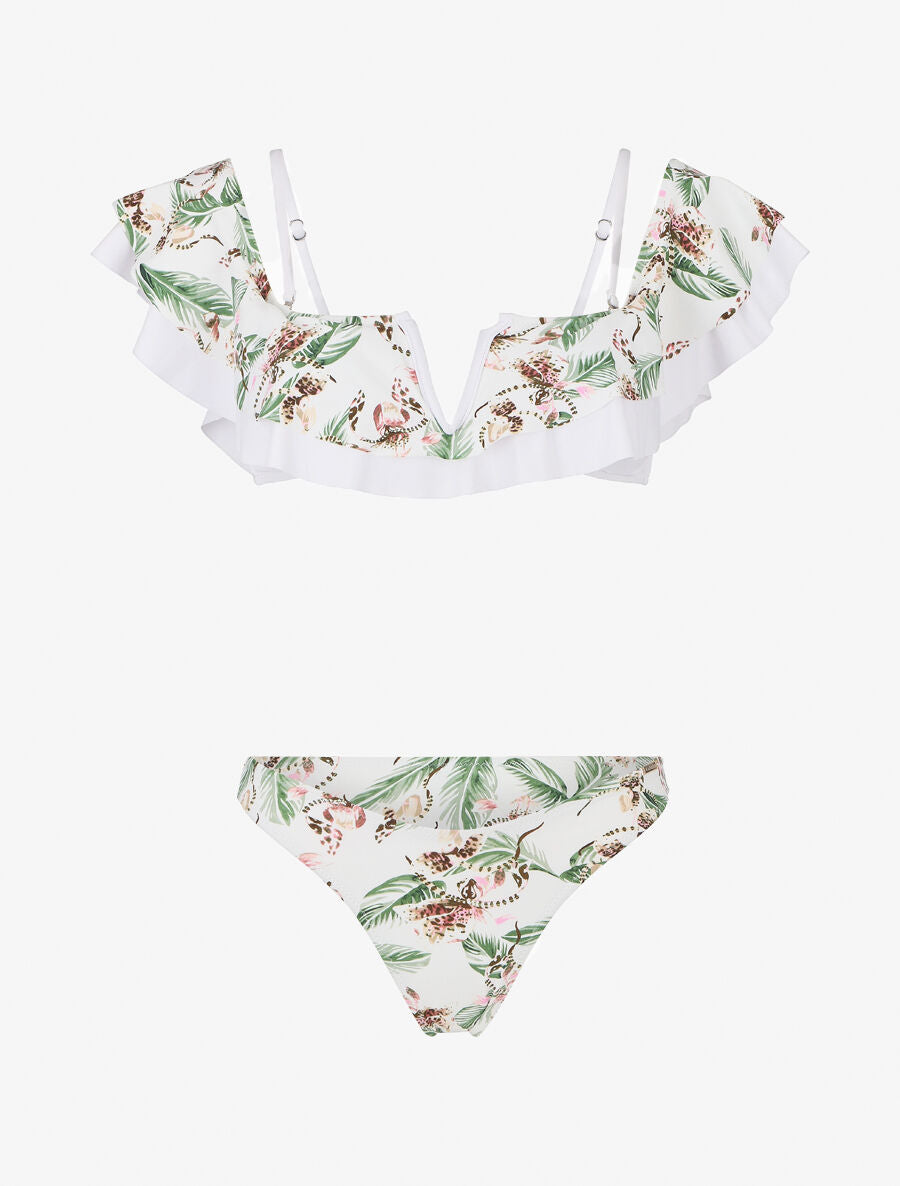 Bikini tropical à volants - Blanc - 1
