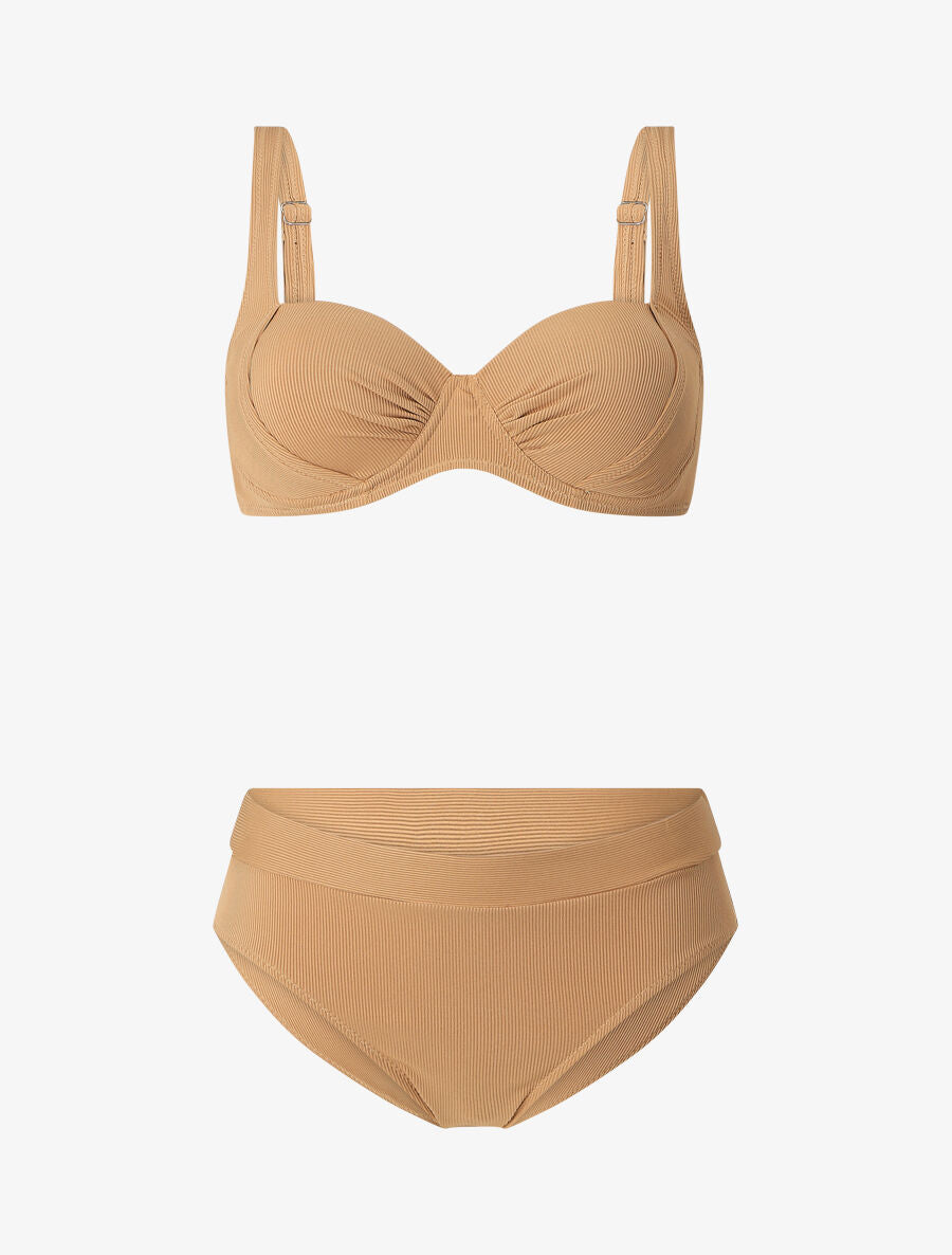 Maillot deux pièces taille haute côtelé - Beige foncé - 1