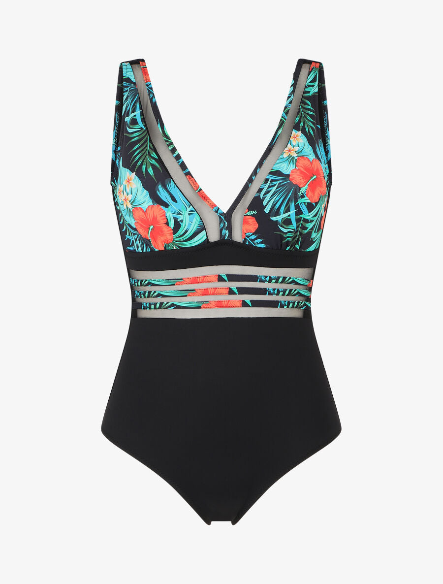 Maillot de bain tropical à liseré en tulle - Noir - 1