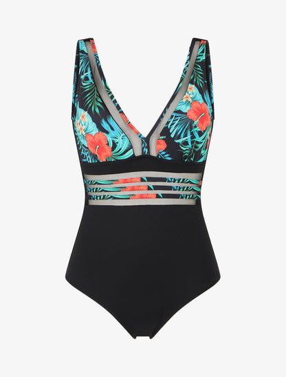 Maillot de bain tropical à liseré en tulle - Noir - 1