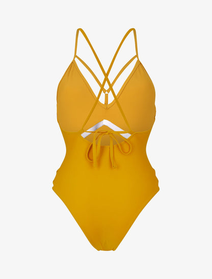 Maillot de bain ajouré à liens à nouer - Jaune moutarde - 2