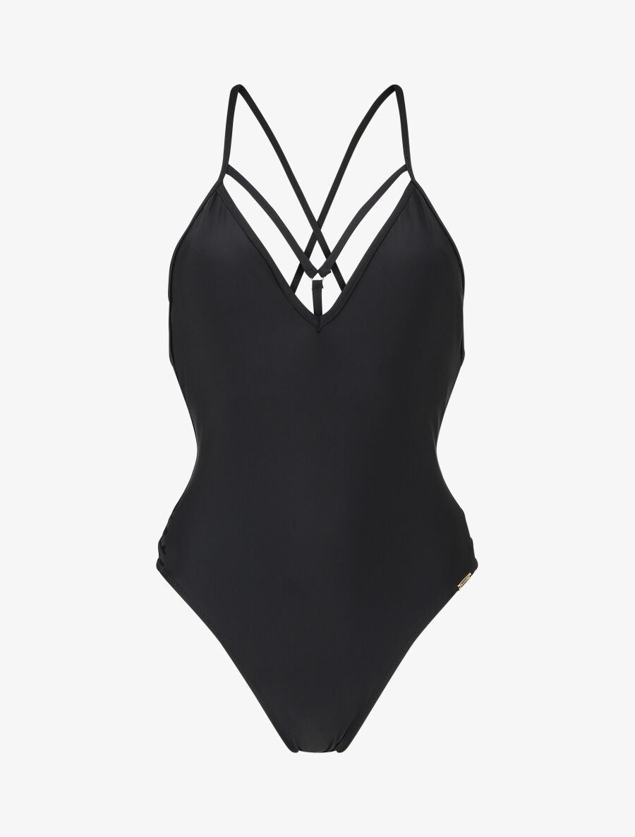 Maillot de bain ajouré à liens à nouer - Noir - 1
