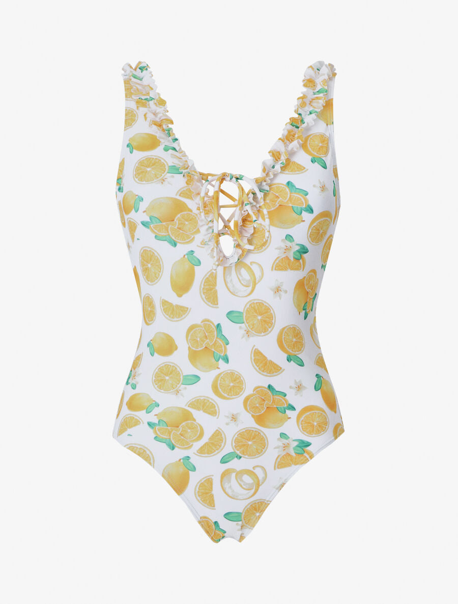 Maillot de bain en V à bordure volantée - Blanc - 1