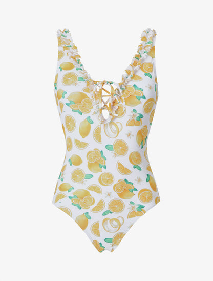 Maillot de bain en V à bordure volantée - Blanc - 1