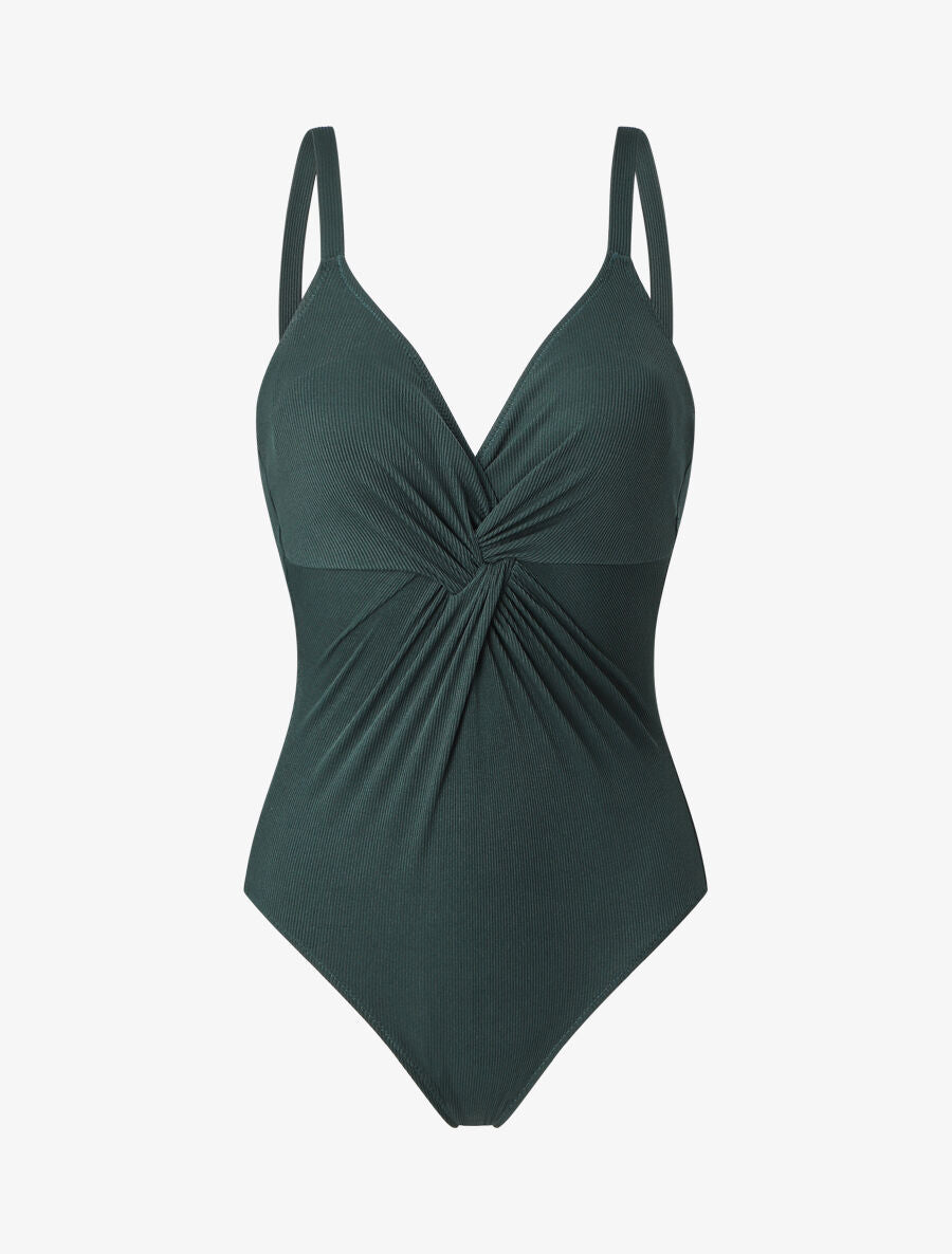 Maillot de bain une pièce côtélé à haut torsadé - Vert foncé - 4