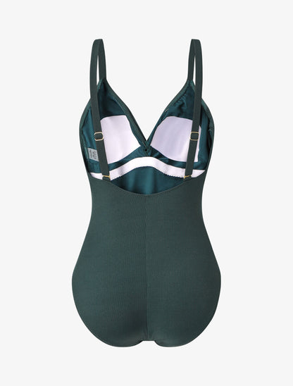 Maillot de bain une pièce côtélé à haut torsadé - Vert foncé - 2
