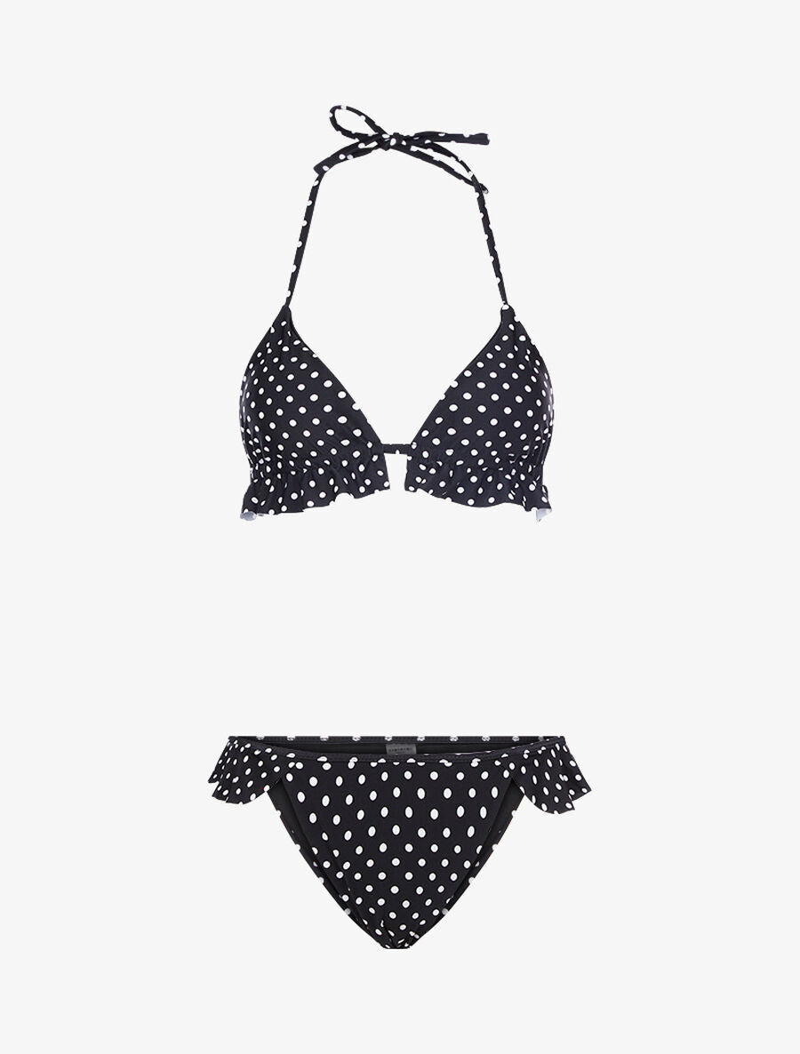 Bikini triangle à pois et volants - Noir - 4