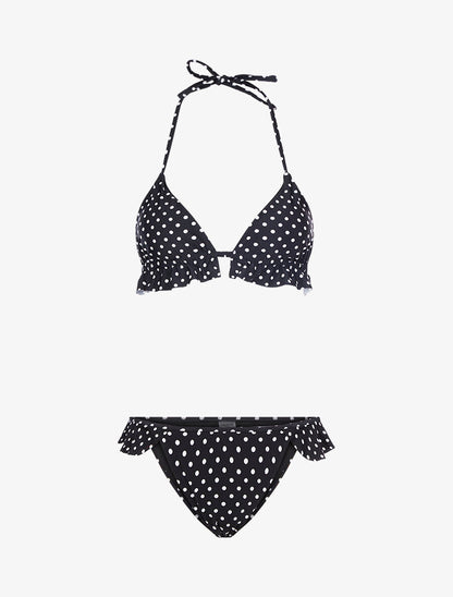 Bikini triangle à pois et volants - Noir - 4