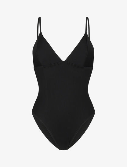 Maillot de bain côtelé à col à V - Noir - 4