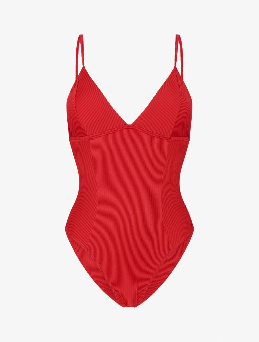 Maillot de bain côtelé à col à V - Rouge - 2