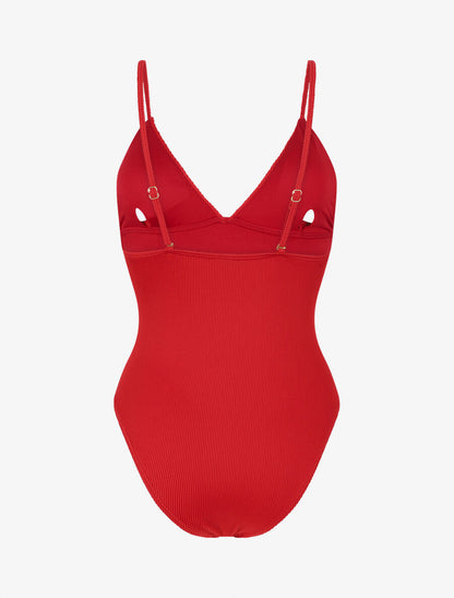 Maillot de bain côtelé à col à V - Rouge - 3