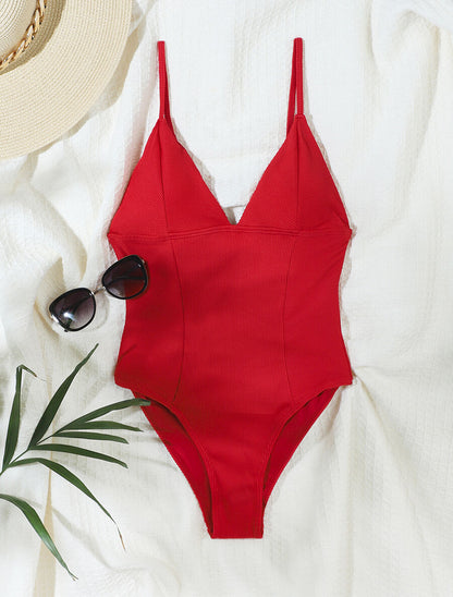Maillot de bain côtelé à col à V - Rouge - 1