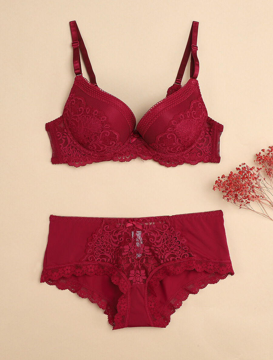 Ensemble à fine broderie festonnée et shorty - Prune - 1