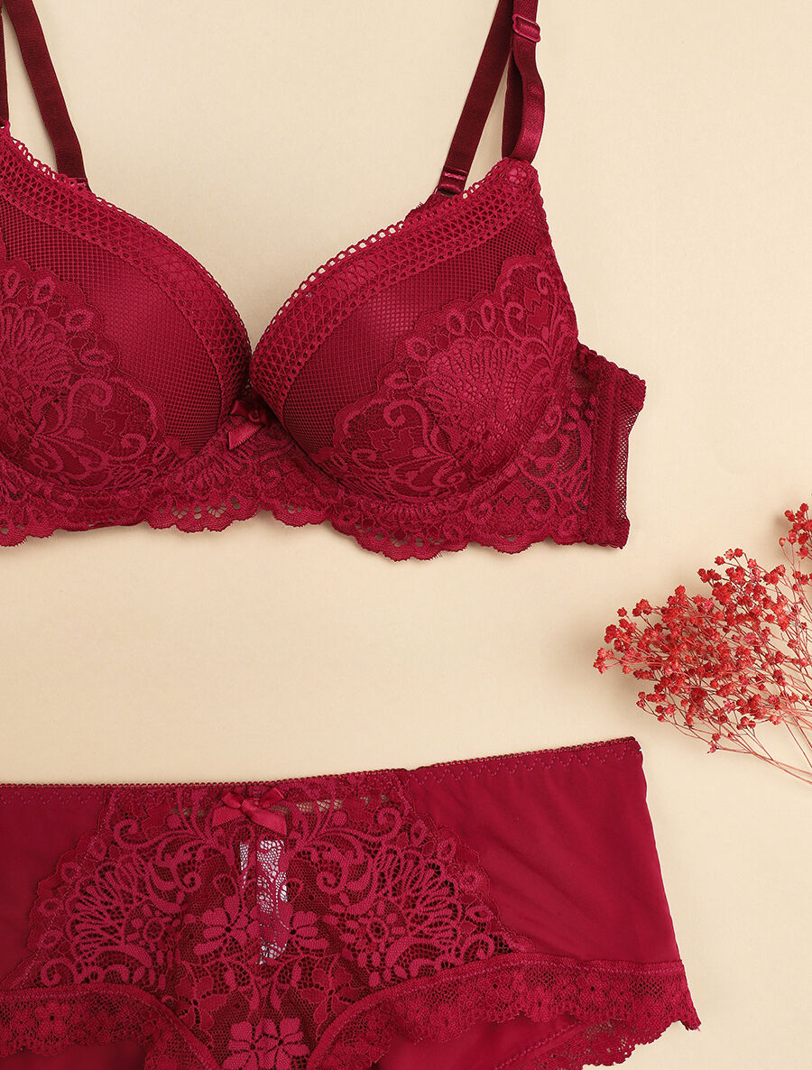 Ensemble à fine broderie festonnée et shorty - Prune - 3