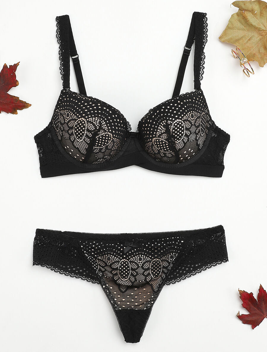 Ensemble à bord bande élastiquée et tanga - Noir/nude - 1