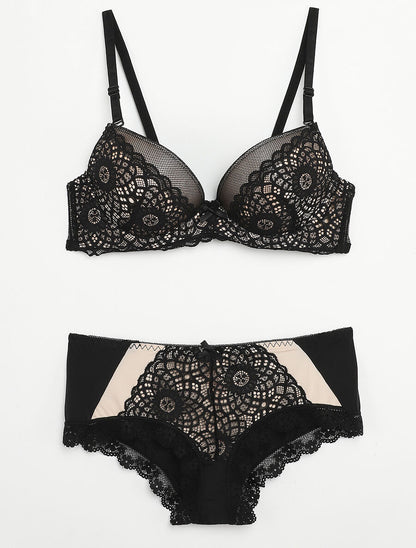 Ensemble en dentelle graphique et shorty - Noir/nude - 1