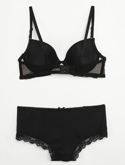Ensemble en dentelle graphique et shorty - Noir/nude - 2