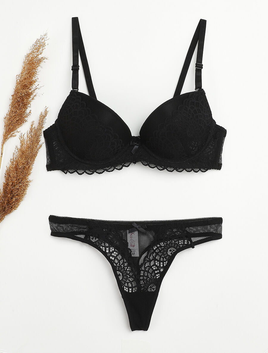 Ensemble en dentelle graphique et string - Noir - 4