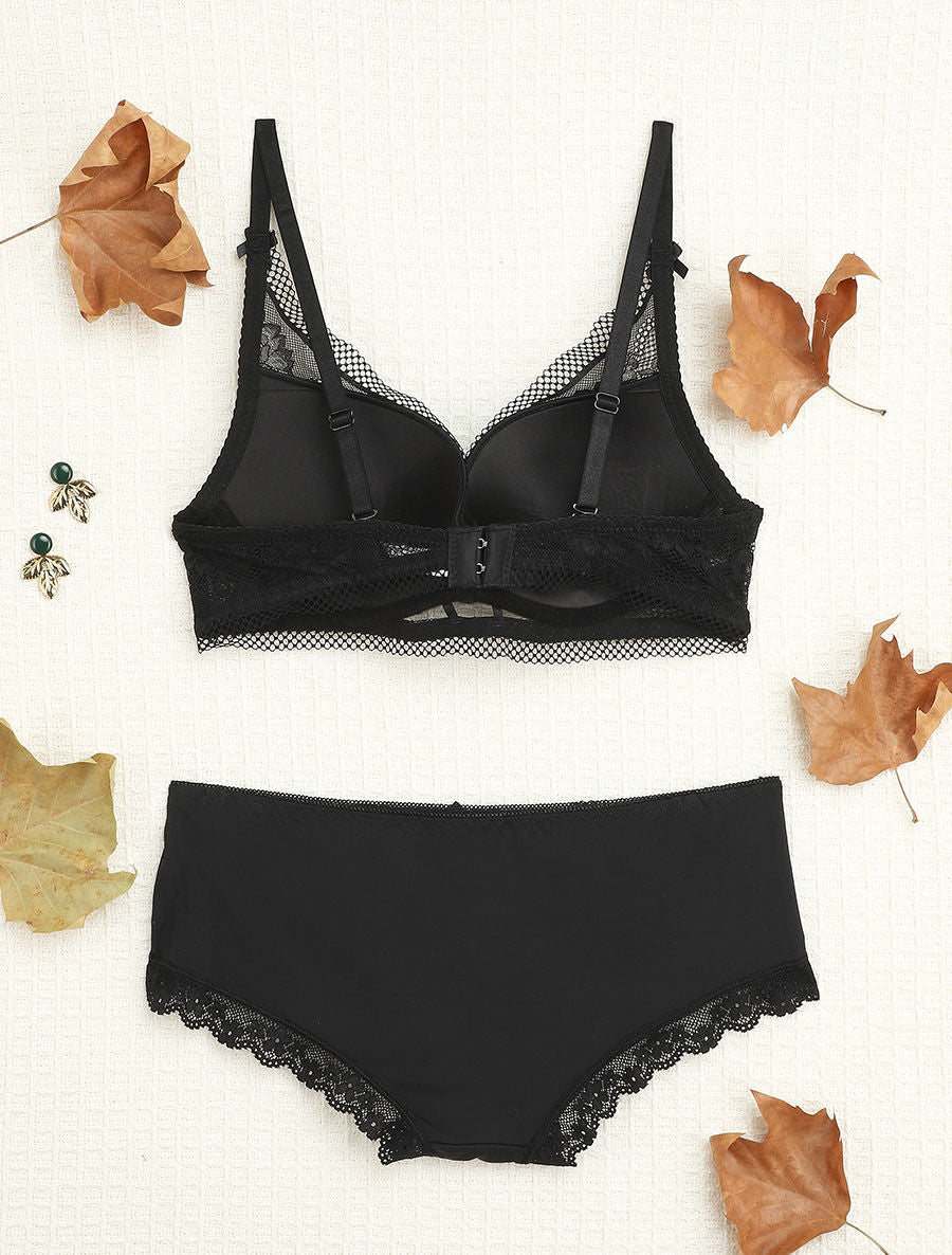 Ensemble en dentelle ajourée et shorty - Noir - 2