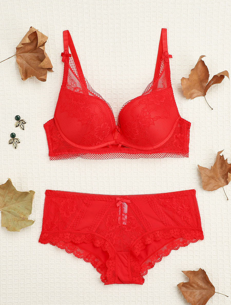 Ensemble en dentelle ajourée et shorty - Rouge - 1