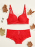Ensemble en dentelle ajourée et shorty - Rouge - 1