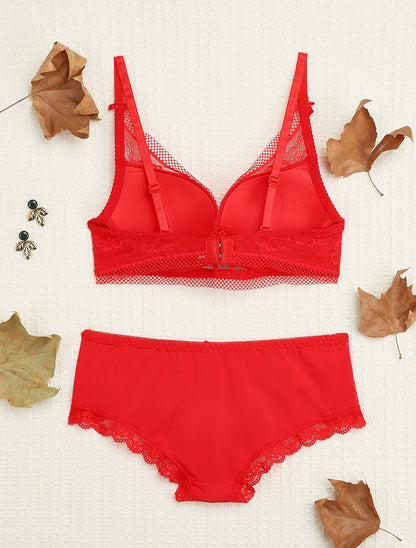 Ensemble en dentelle ajourée et shorty - Rouge - 2