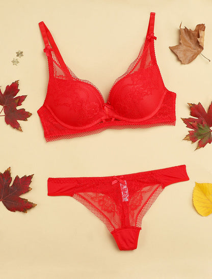 Ensemble en dentelle ajourée et string - Rouge - 4