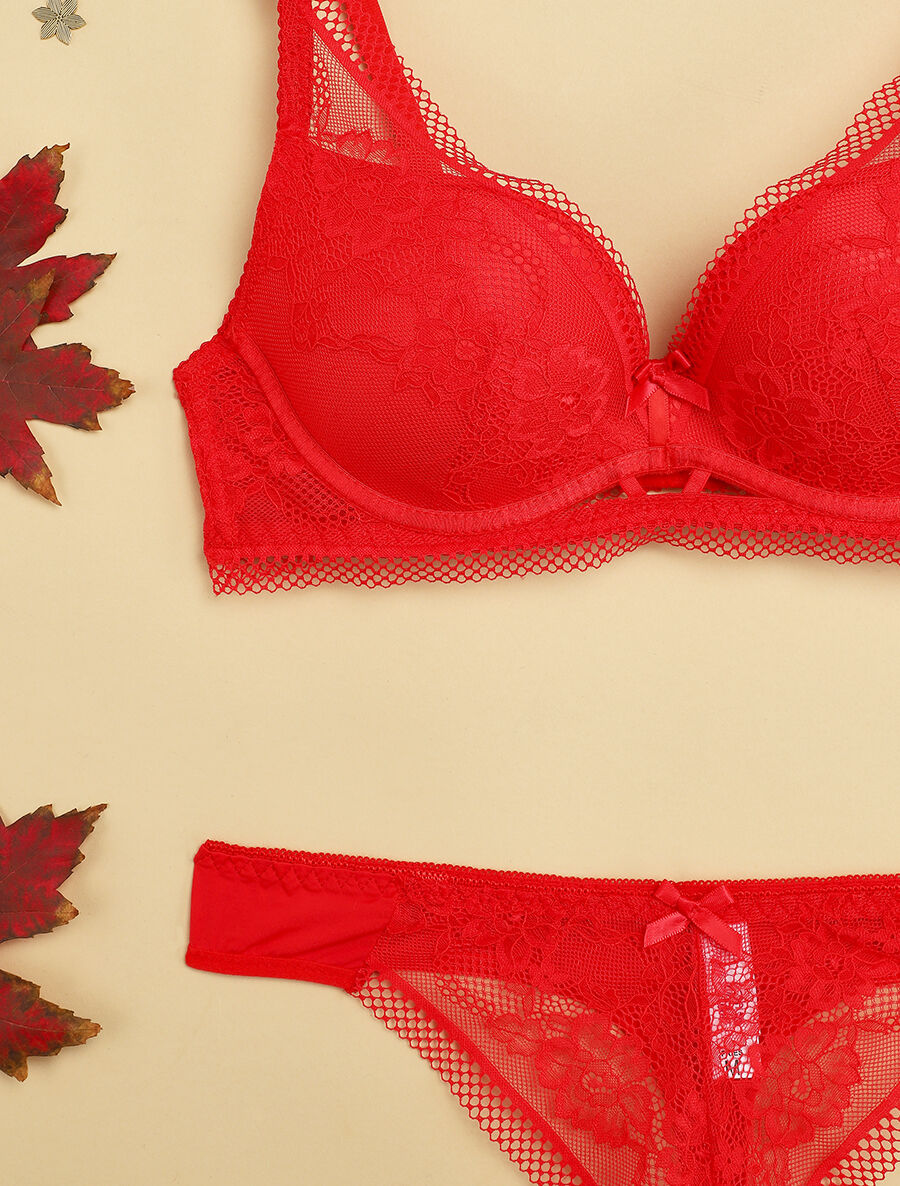 Ensemble en dentelle ajourée et string - Rouge - 3