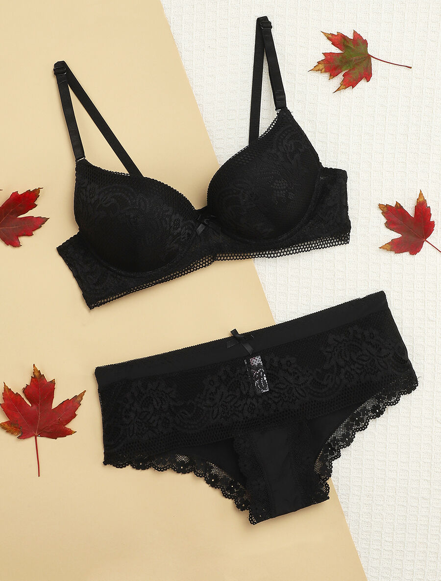 Ensemble push-up à broderie fleurie et shorty - Noir - 4