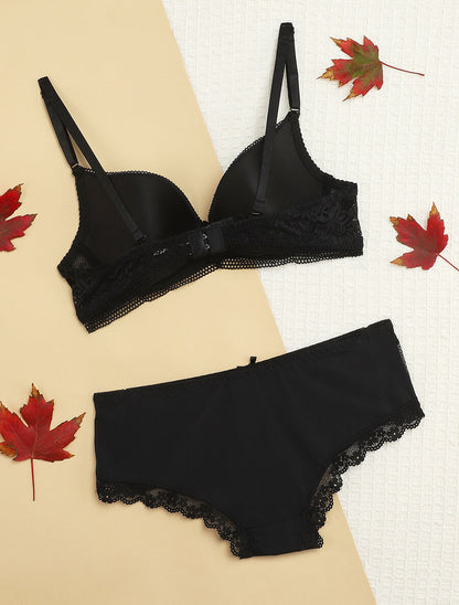 Ensemble push-up à broderie fleurie et shorty - Noir - 2