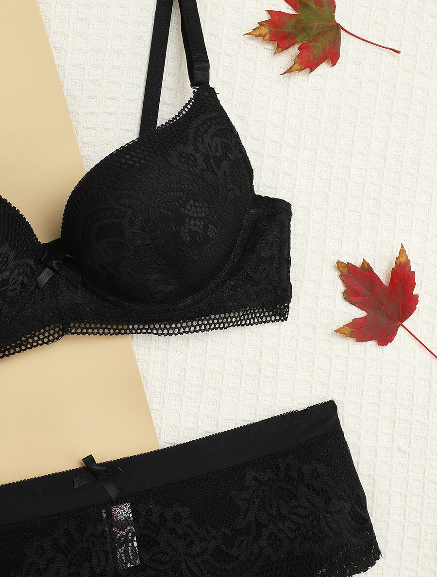 Ensemble push-up à broderie fleurie et shorty - Noir - 3
