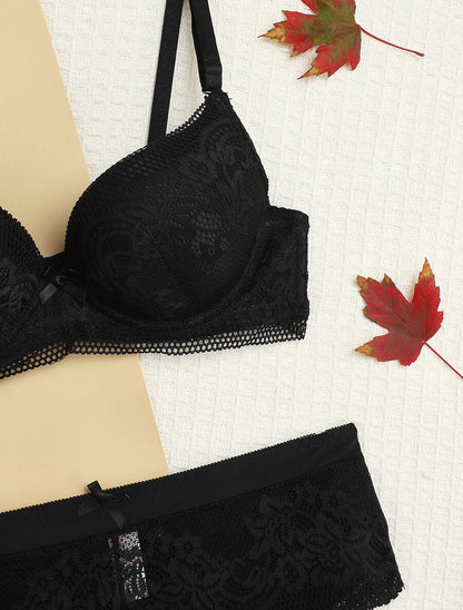 Ensemble push-up à broderie fleurie et shorty - Noir - 3