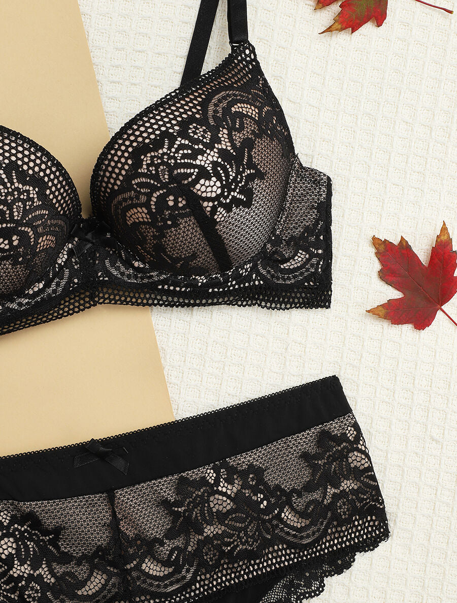 Ensemble push-up à broderie fleurie et shorty - Noir/nude - 3