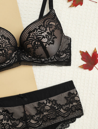 Ensemble push-up à broderie fleurie et shorty - Noir/nude - 3