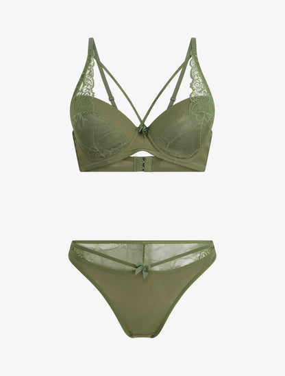 Ensemble soutien-gorge et culotte dentelle fine lanières - Kaki - 1