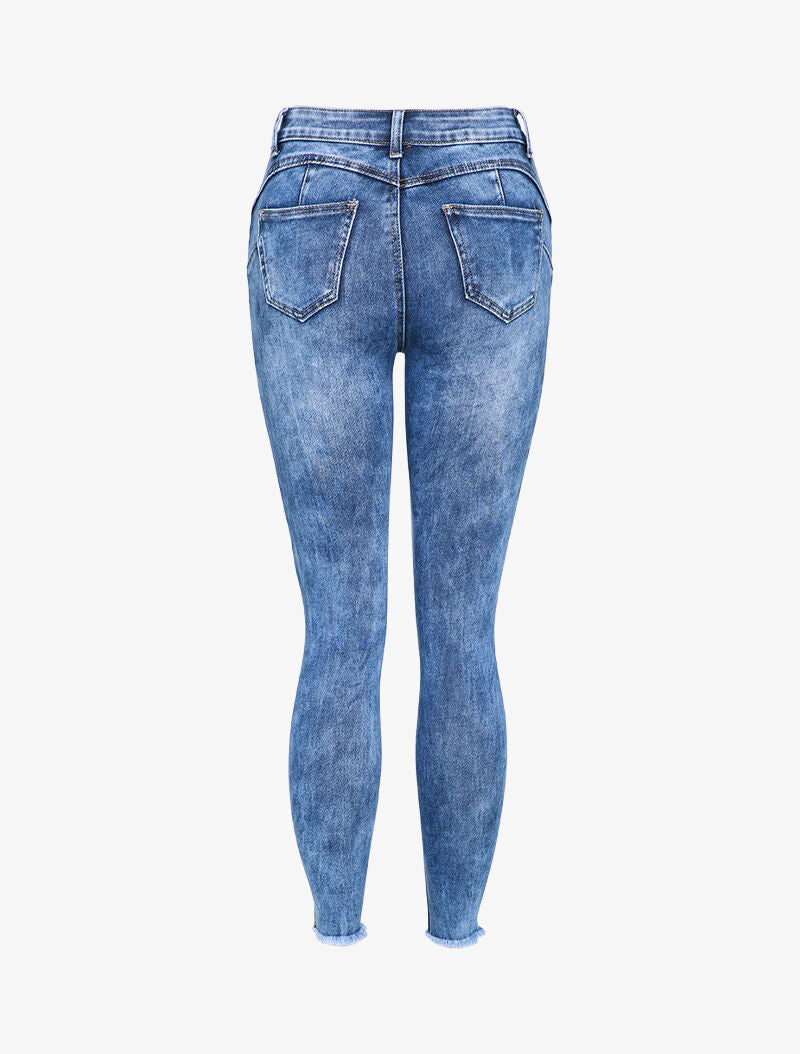 Jean skinny délavé à bords effet usés - Bleu - 2