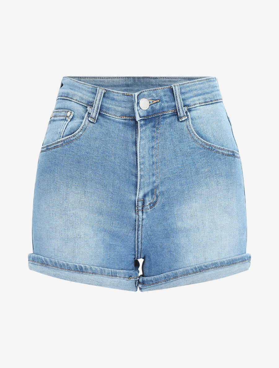 Short en jean à revers - Bleu - 1