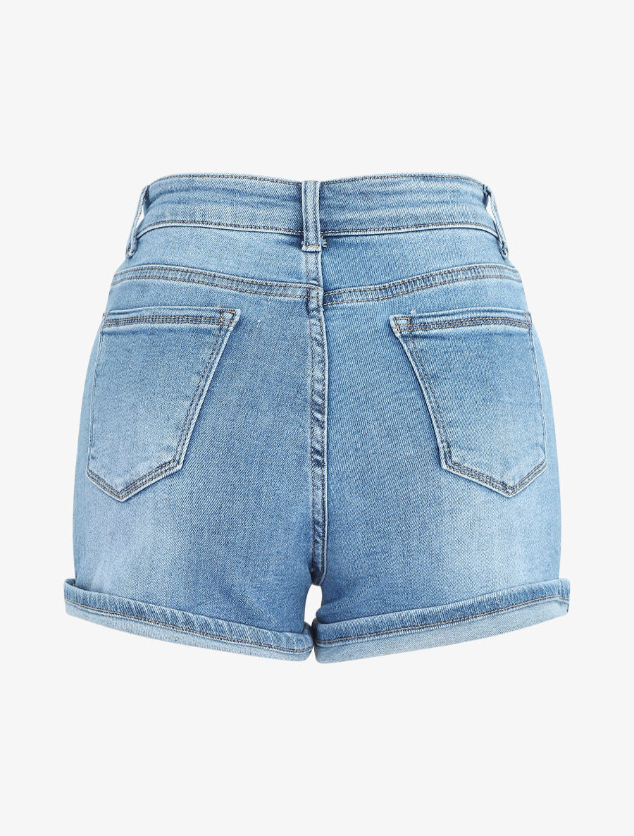 Short en jean à revers - Bleu - 2