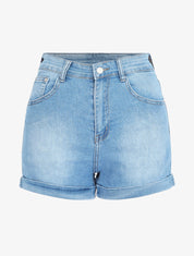 Short en jean à revers coupe droite - Bleu - 1