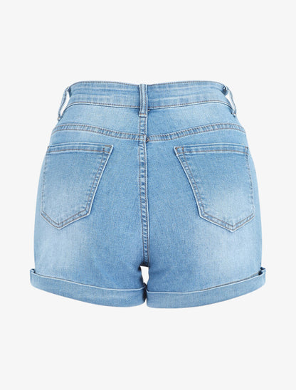 Short en jean à revers coupe droite - Bleu - 2