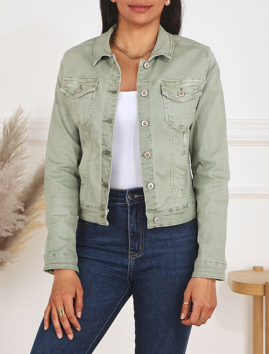 Veste courte unie en jean - Kaki - 4