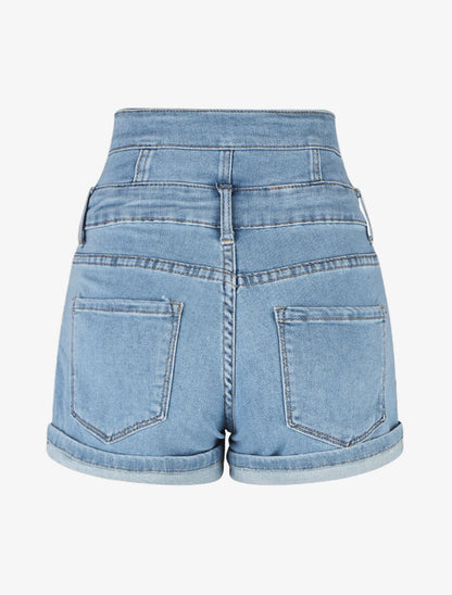 Short en jean à ourlets et taille haute - Bleu - 2