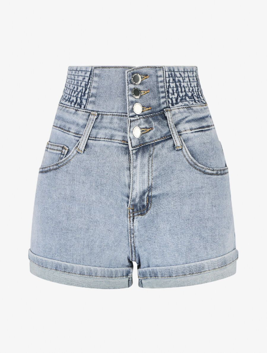 Short en jean à ourlets et taille haute élastiquée - Bleu - 5