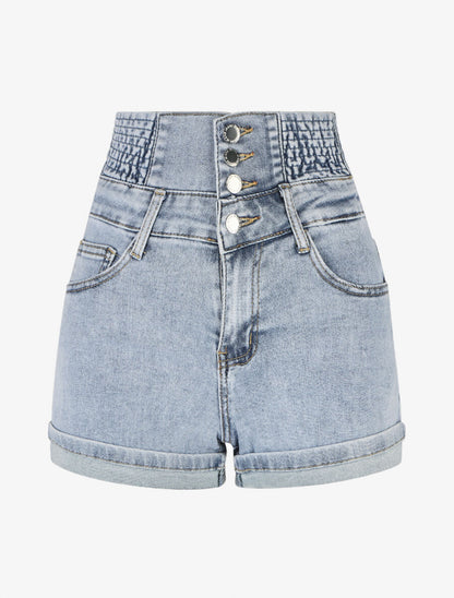Short en jean à ourlets et taille haute élastiquée - Bleu - 5