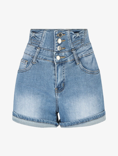 Short en jean à ourlets et taille haute à noeuds - Bleu - 1