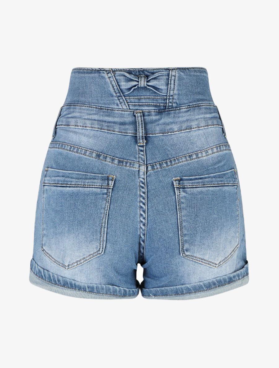 Short en jean à ourlets et taille haute à noeuds - Bleu - 2