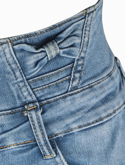 Short en jean à ourlets et taille haute à noeuds - Bleu - 3